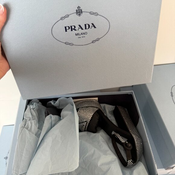 Prada Satin Black Embellished Platform Heels Logo Crystal Pumps Sandals - Picture 4 of 9